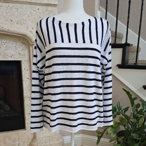 Eileen Fisher Organic Linen Blend Black and White Striped Long Sleeve Top